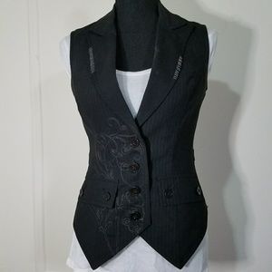 Pinstripe wool vest with embroidered stitching